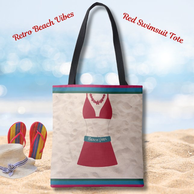 Red Retro Chic Swimsuit Beach Vibes Tote Bag (Red Retro Chic Swimsuit Beach Vibes Tote)