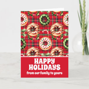 Red Retro Christmas Donuts Red Tartan Plaid Holiday Card