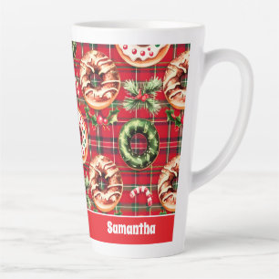 Red Retro Christmas Donuts Red Tartan Plaid Latte Mug