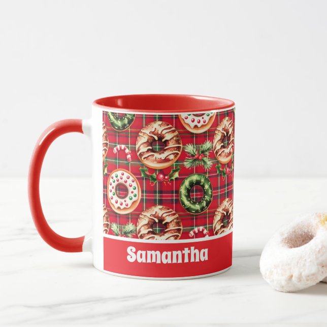 Red Retro Christmas Donuts Red Tartan Plaid  Mug (With Donut)
