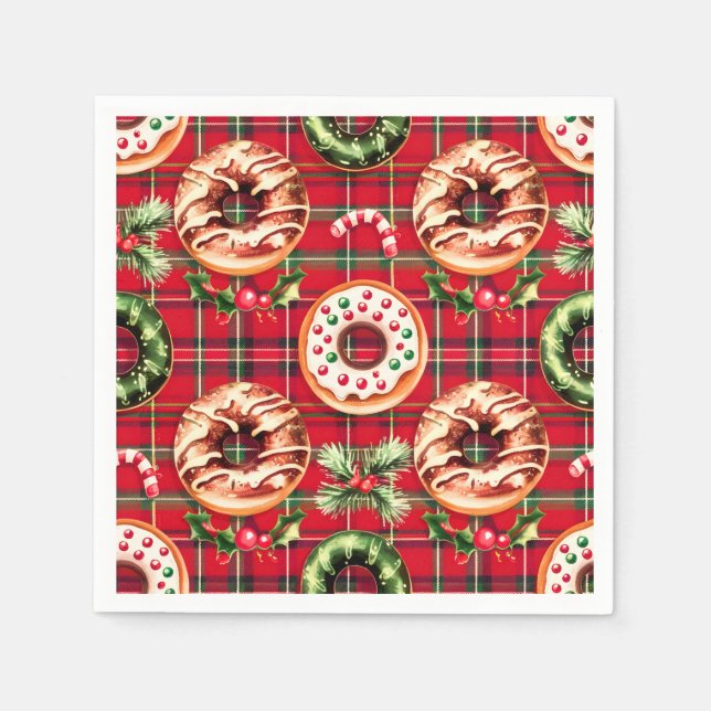 Red Retro Christmas Donuts Red Tartan Plaid Napkins (Front)