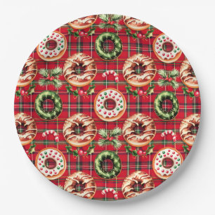 Red Retro Christmas Donuts Red Tartan Plaid Paper Plates