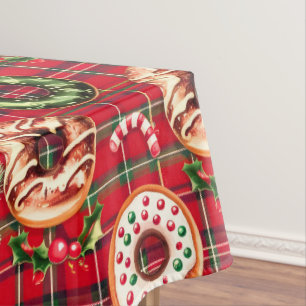 Red Retro Christmas Donuts Red Tartan Plaid Tablecloth