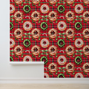 Red Retro Christmas Donuts Red Tartan Plaid Wallpaper