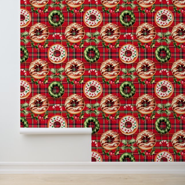 Red Retro Christmas Donuts Red Tartan Plaid Wallpaper (Application)