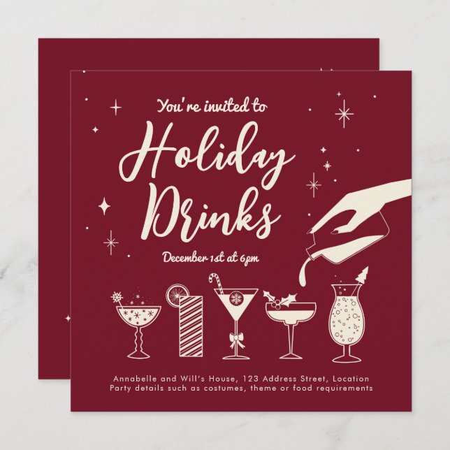 Red retro Christmas Drinks and Cocktails invite (Front/Back)