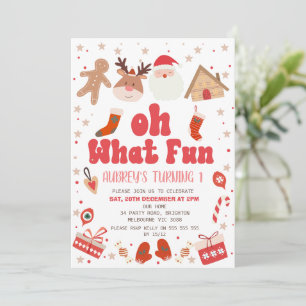 Red Retro Christmas Oh What Fun 1st Birthday  Invitation