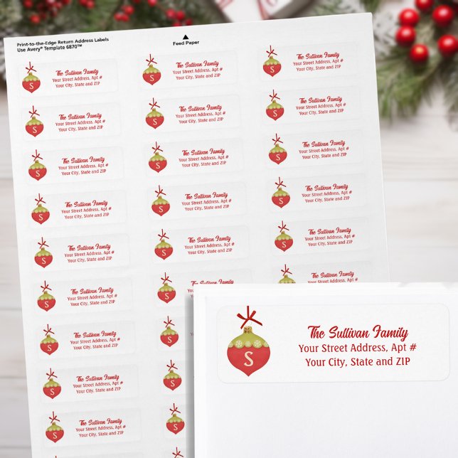 Red Retro Christmas Ornament Monogram Label (Creator Uploaded)