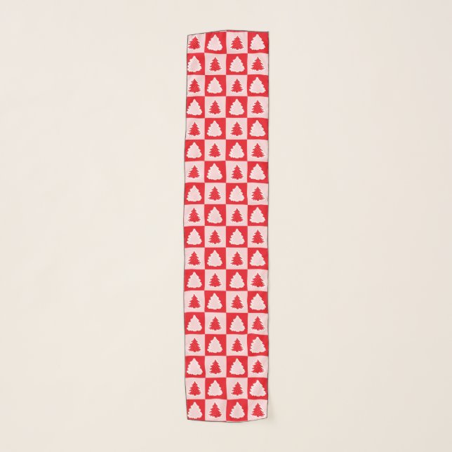 Red Retro Christmas Tree Red Tartan Plaid Scarf (Front)