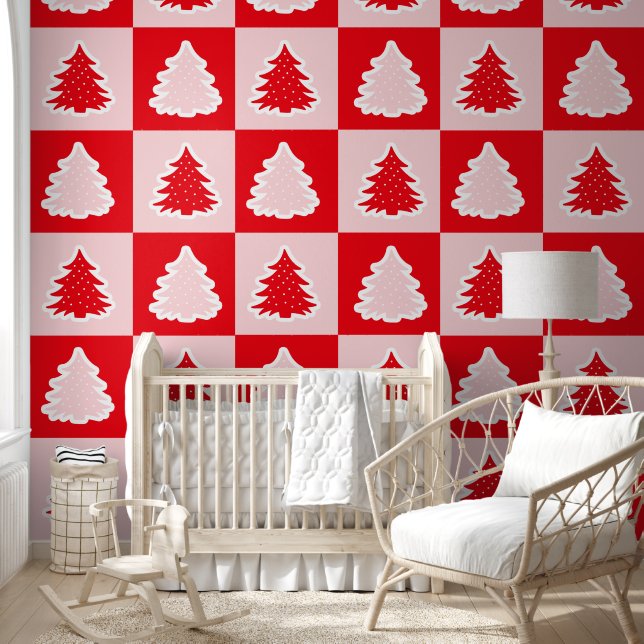 Red Retro Christmas Tree Red Tartan Plaid Wallpaper (Kids)