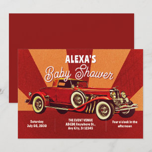 Red retro classic car baby shower invitation