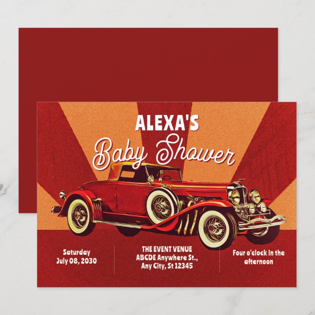 Red retro classic car baby shower invitation (Front/Back)