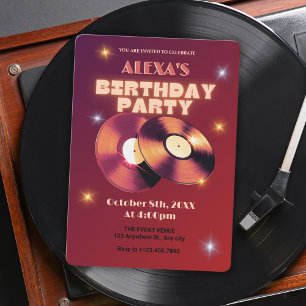 Red retro classic vinyl record music birthday invitation