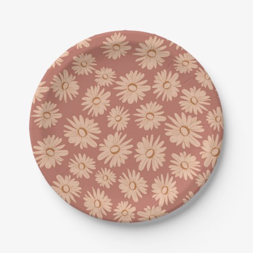 red retro daisy flower pattern paper plates