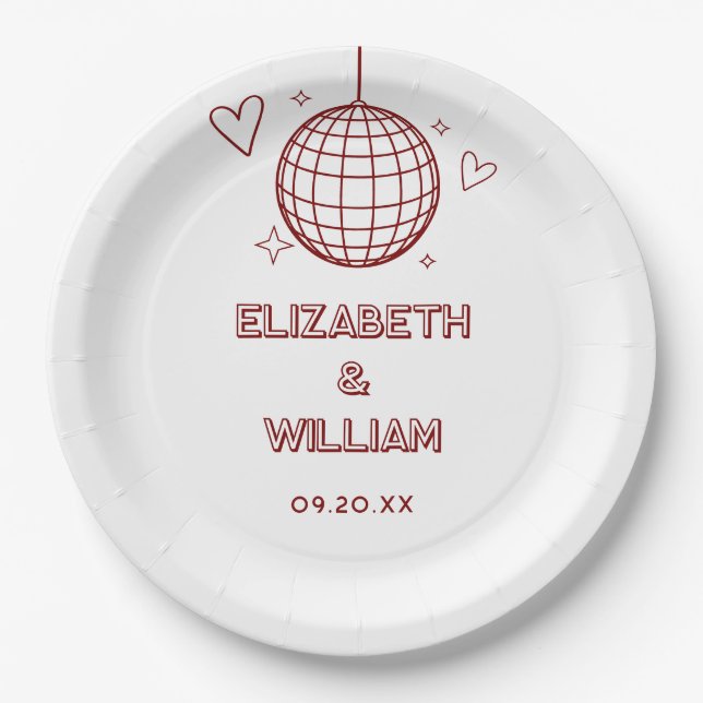 Red Retro Disco Groovy 70s Wedding Paper Plates (Front)