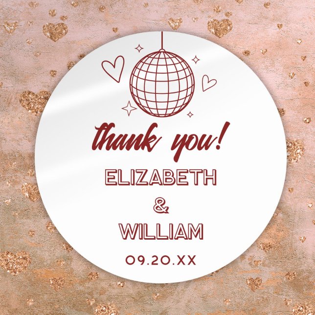 Red Retro Disco Groovy 70s Wedding Thank You Classic Round Sticker (Red Retro Disco Groovy 70s Wedding Thank You Classic Round Sticker)
