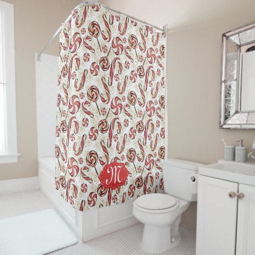 Red Retro Festive Candy Cane Pattern Monogram Show Shower Curtain