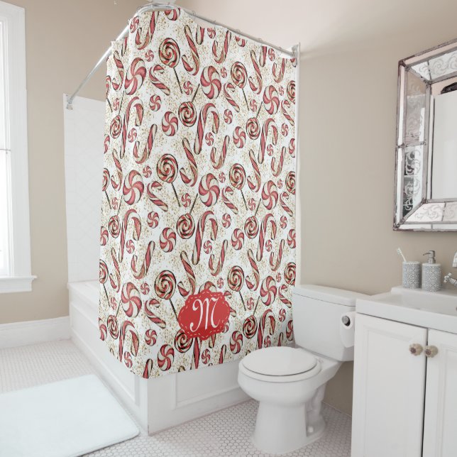 Red Retro Festive Candy Cane Pattern Monogram Show Shower Curtain (In Situ)