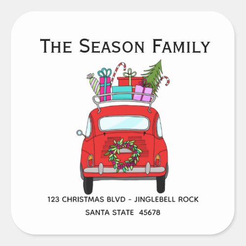 Red Retro Fiat 500 with Christmas Gifts Square Sticker