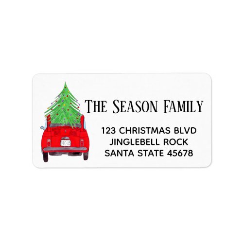 Red Retro Fiat 500 with Christmas Tree Label