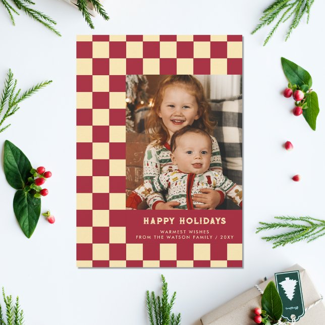 Red Retro Groovy Checkered Happy Holidays Photo Holiday Postcard (Red Retro Groovy Checkered Happy Holidays Photo Holiday Postcard)