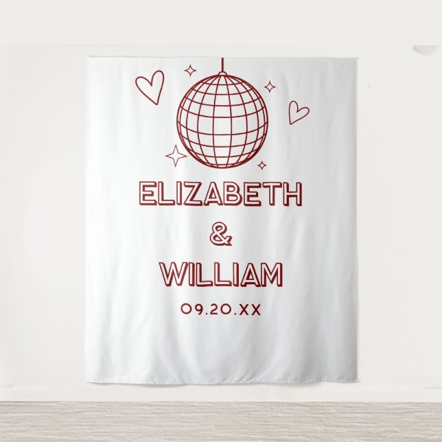 Red Retro Groovy Disco Ball Wedding Photo Backdrop (Front)