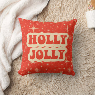Red Retro Groovy Vintage Christmas Holly Jolly Throw Pillow