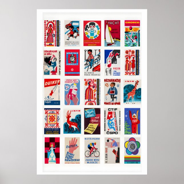 Red Retro matchbox labels wall art, Collage Poster (Front)