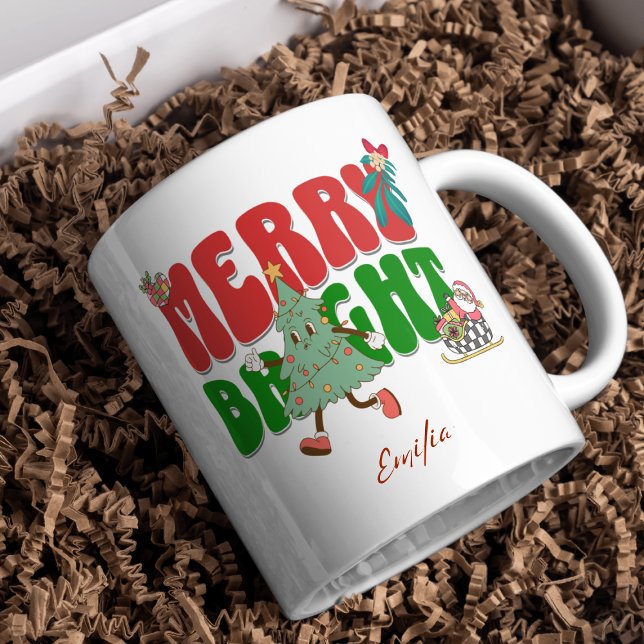Red Retro Merry Bright Name Christmas Tree Mug (Creator Uploaded)