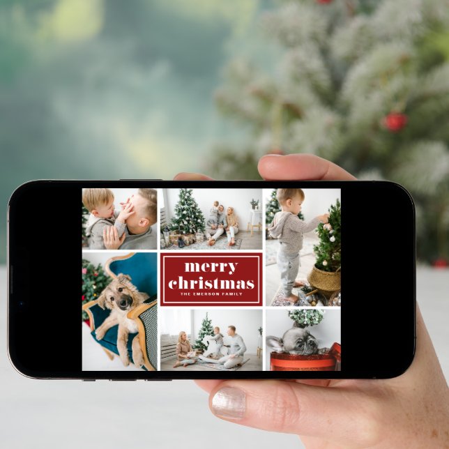 Red Retro Merry Christmas Photo Collage Holiday Card (Front Digital)