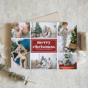 Red Retro Merry Christmas Photo Collage  Holiday Card