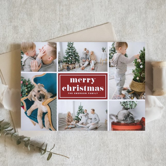 Red Retro Merry Christmas Photo Collage Holiday Card (Creator Uploaded)