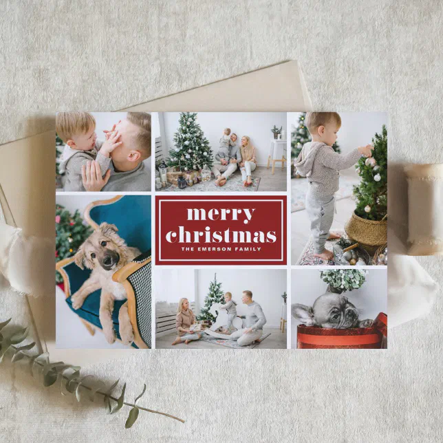 Red Retro Merry Christmas Photo Collage Holiday Card | Zazzle