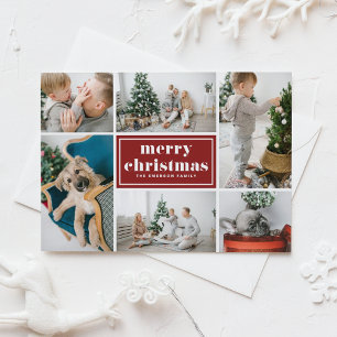 Red Retro Merry Christmas Photo Collage Holiday Postcard