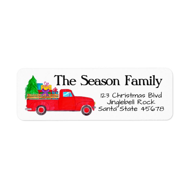 Red Retro Pickup truck with Christmas Gifts Label (Front)