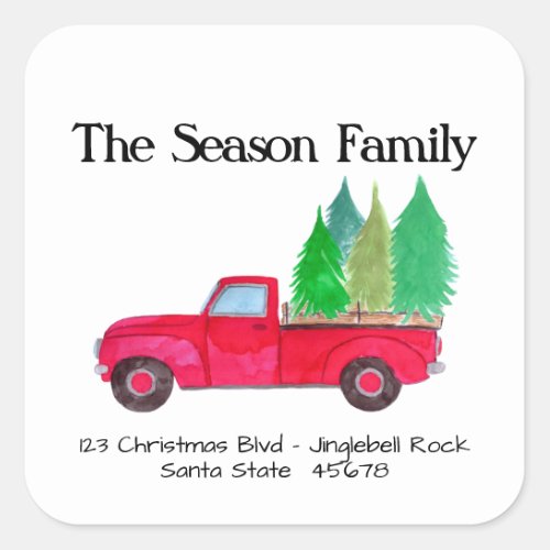 Red retro Pickup Truck with trees Square Sticker