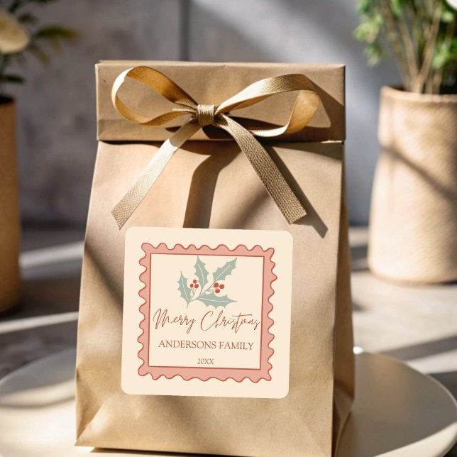 Red retro post stamp frame merry Christmas Square Sticker (Red retro post stamp frame merry Christmas personalized Stickers)