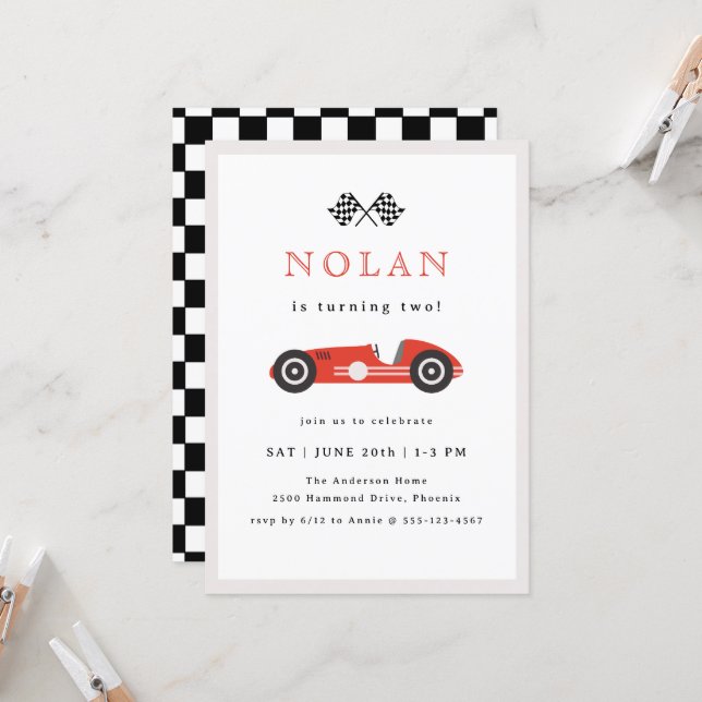 Red Retro Race Car Theme Birthday Invitation (Front/Back In Situ)