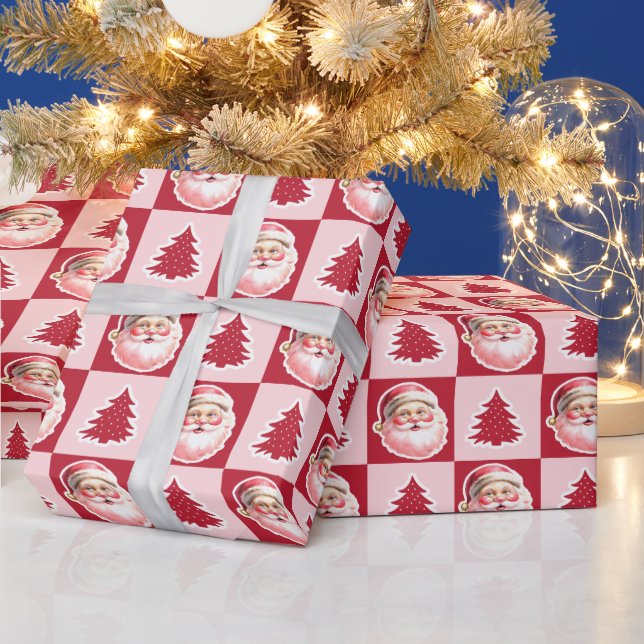 Red Retro Santa Claus Christmas Tree Tartan Plaid Wrapping Paper (Holidays)