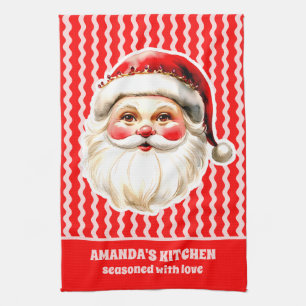 Red Retro Santa Claus Red Ric Rac Christmas Kitchen Towel