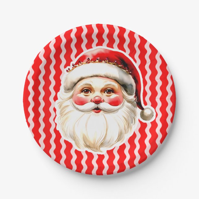Red Retro Santa Claus Red Ric Rac Christmas Paper Plates (Front)