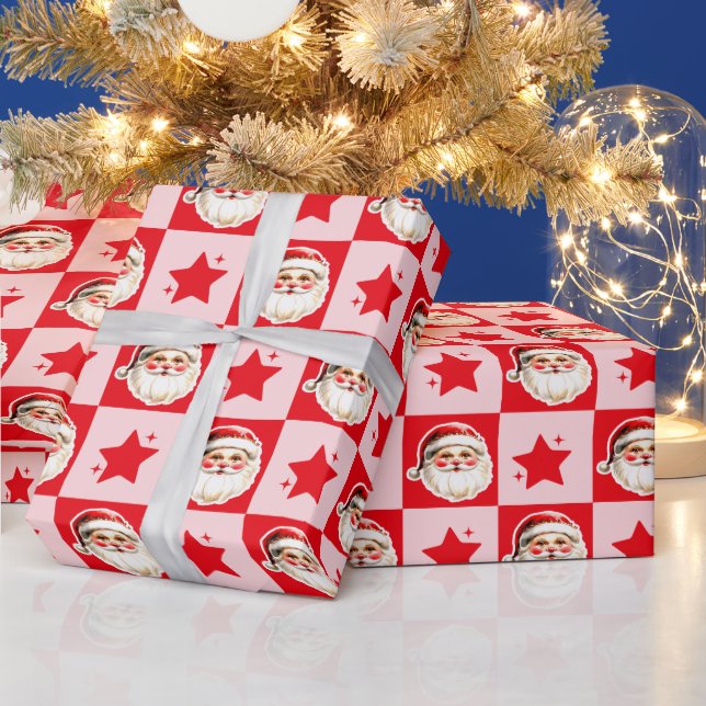 Red Retro Santa Claus Red Tartan Plaid Christmas Wrapping Paper (Holidays)