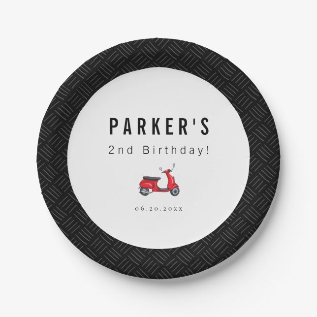 Red Retro Scooter Theme Birthday Party Paper Plates (Front)