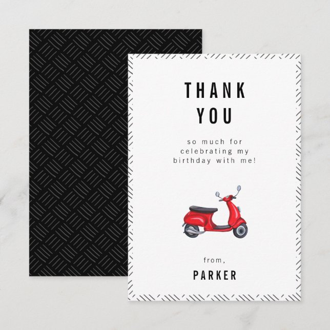 Red Retro Scooter Theme Birthday Thank You Card (Front/Back)