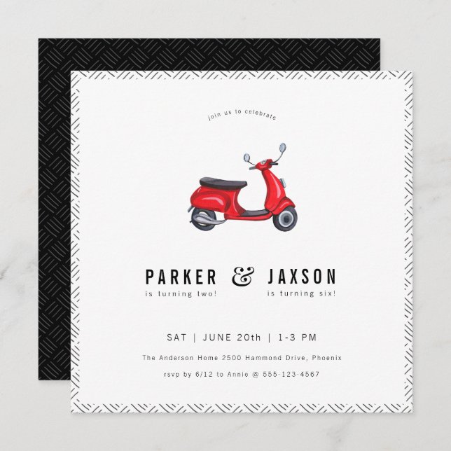 Red Retro Scooter Theme Joint Birthday Invitation (Front/Back)