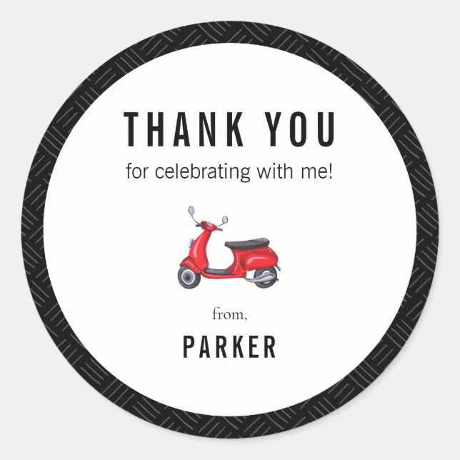 Red Retro Scooter Theme Thank You Classic Round Sticker | Zazzle