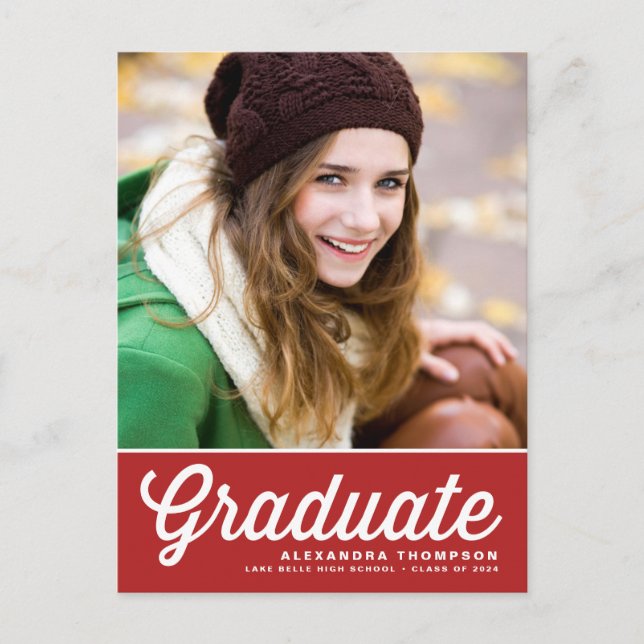 Red Retro Script Class of 2026 Photo Graduation Announcement Postcard (Front)