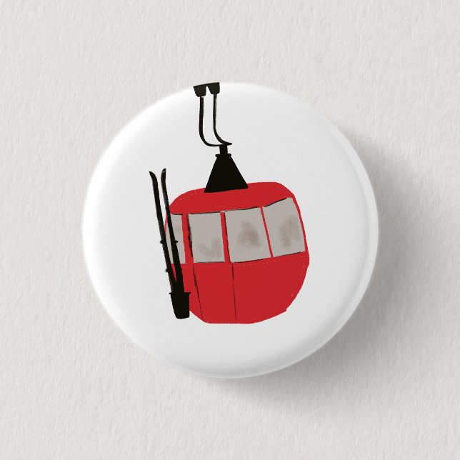 Red Retro Ski Lift Skiing Illustration Button (Front)