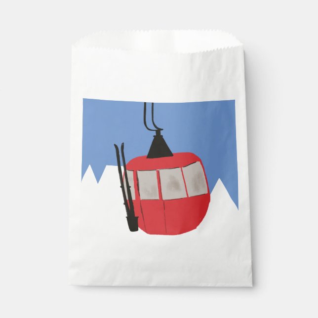 Red Retro Ski Lift Snow Mountain Skiers Favor Bag (Front)
