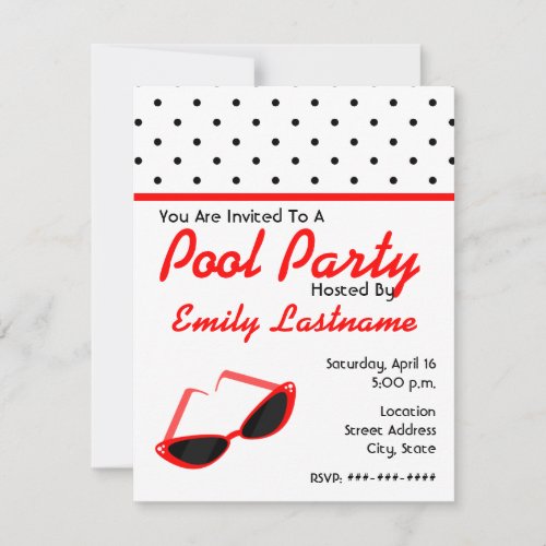 Red Retro Sunglasses  Polka Dots Pool Party Invitation